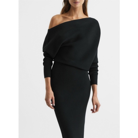 Reiss Black Lara Off-The-Shoulder Ribbed Midi Dress Knit Sweater - Picture 16 of 16